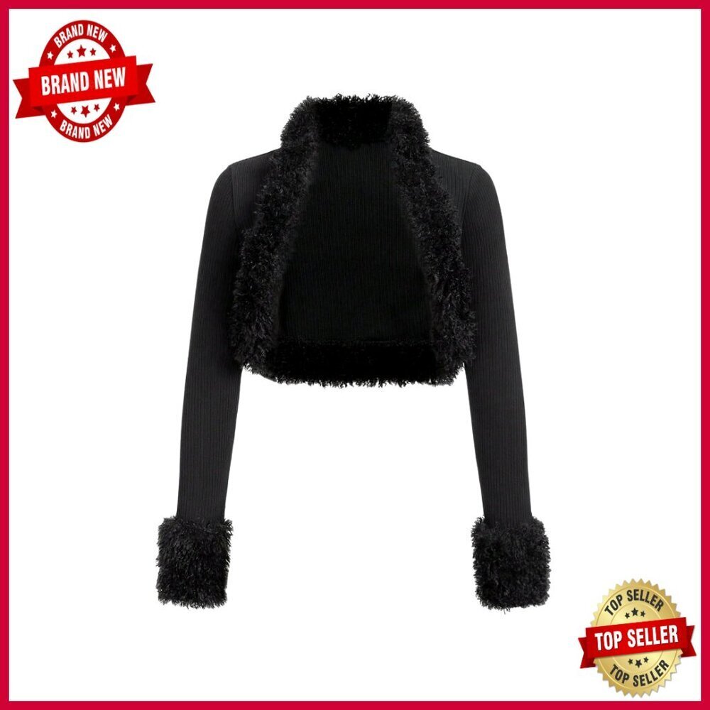 Fuzzy Open Front Crop Jacket Long Sleeve Knit Cardigan Fall Outerwear